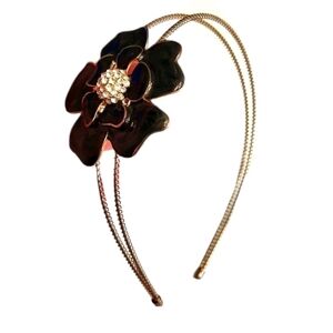 FLORAL Headband crystal embellished,  goldtone metal double band, enamel flower